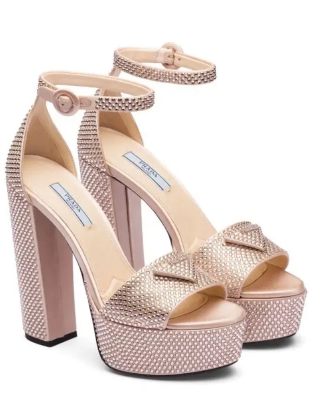 Prada Champagne Rhinestone Platform Block Heel Sandals